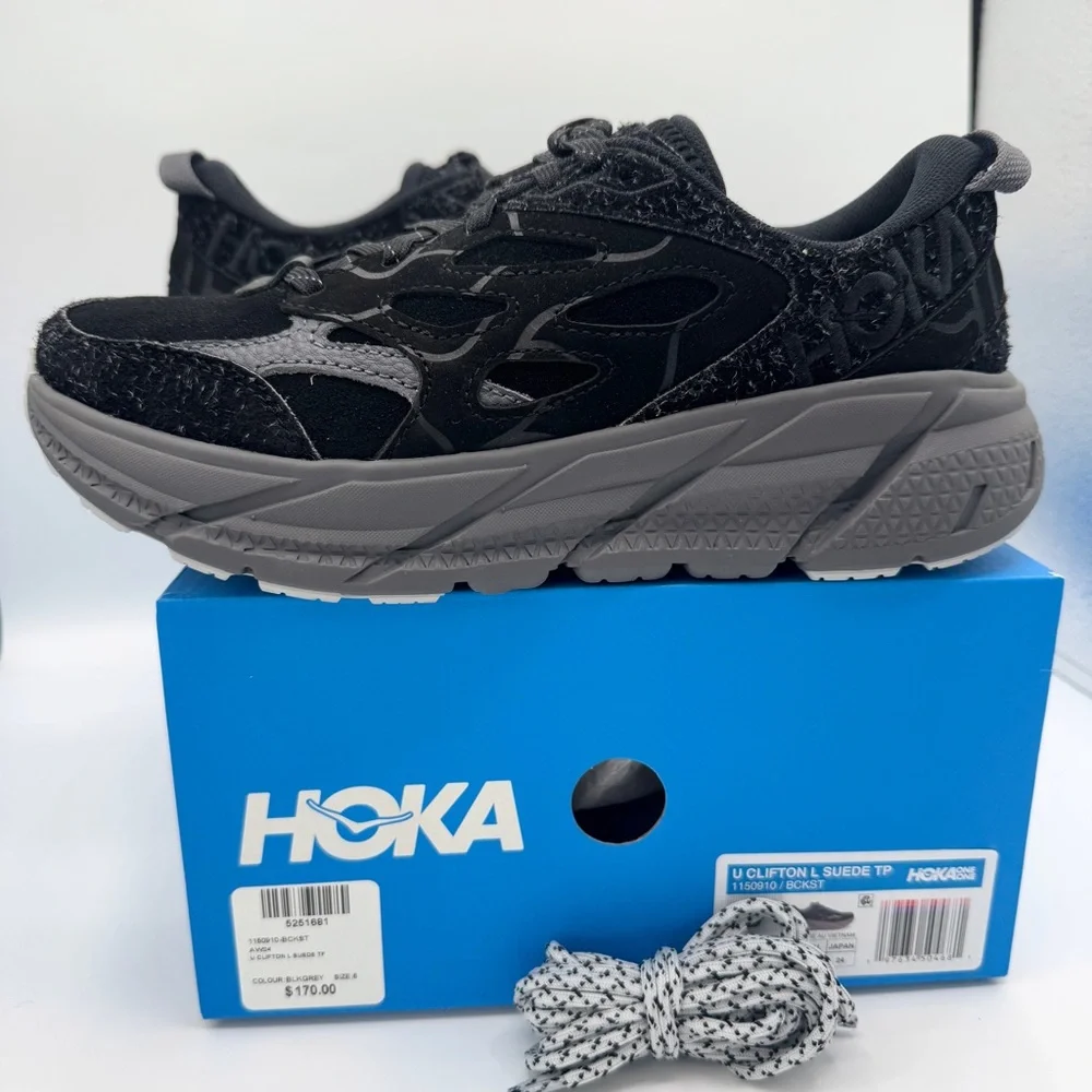 NWT Hoka Clifton Elite Terrain System L Suede Leather Black Grey Unisex Sneakers - Picture 16 of 16